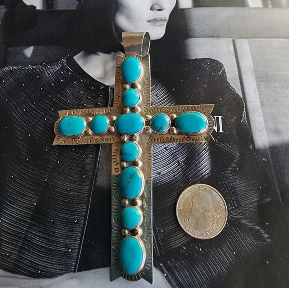 Large Navajo Sterling Silver & Turquoise Cross Pendant